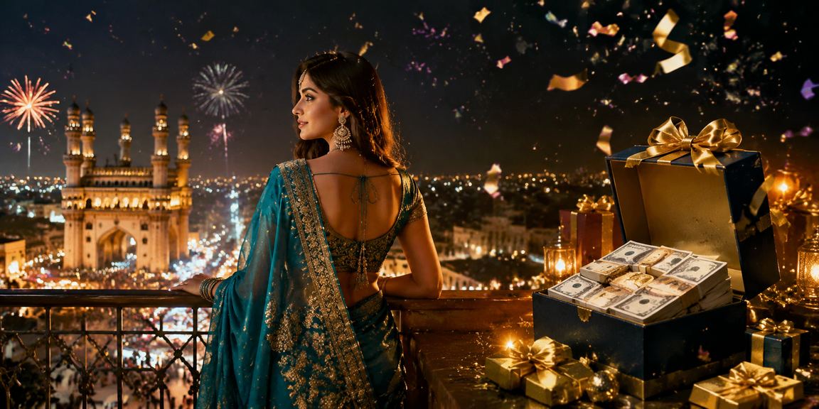 Hyderabad Charminar lit at night with entertainment and casino theme