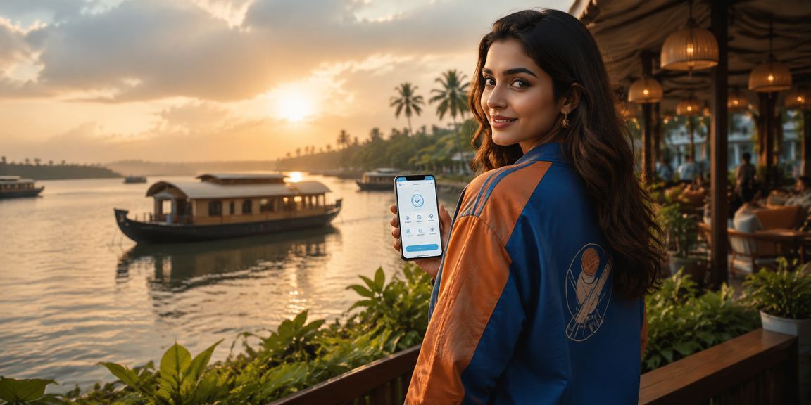 Serene Kerala backwaters with cricket fans using mobile betting app